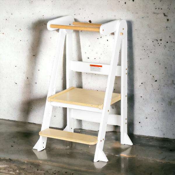 Folding Learning Tower - White and Varnish-Little Risers